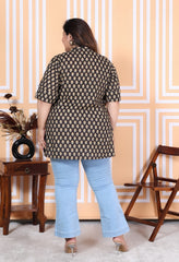 Plus Size Black Cotton Printed Short Kurta-300008