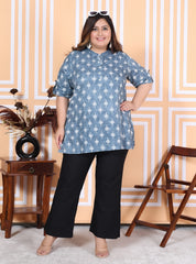 Plus Size Grey Cotton Printed Short Kurta-300009