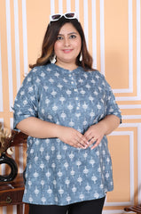 Plus Size Grey Cotton Printed Short Kurta-300009