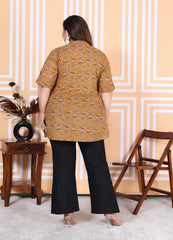 Plus Size Mustard Cotton  Floral Print Short Kurta-300011
