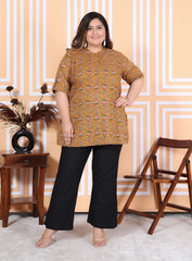 Plus Size Mustard Cotton  Floral Print Short Kurta-300011