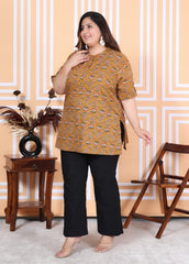 Plus Size Mustard Cotton  Floral Print Short Kurta-300011