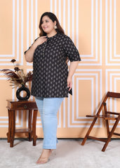 Plus Size Black Cotton Printed Short Kurta-300012
