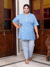 Plus Size Blue Cotton Printed Short Kurta-300016