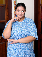 Plus Size Blue Cotton Printed Short Kurta-300016