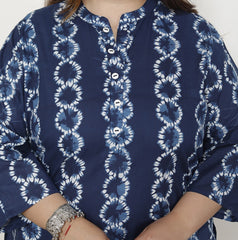 Plus Size Blue Cotton Printed Short Kurta-300019