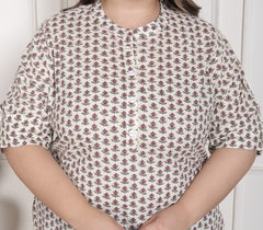Plus Size White Cotton  Floral Print Short Kurta-300022