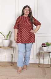 Plus Size Maroon Cotton Floral Print Short Kurta-300023