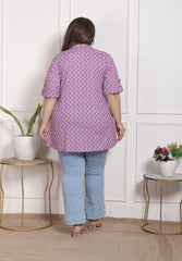 Plus Size Purple Cotton  Floral Print Short Kurta-300027