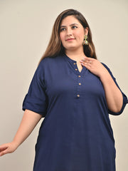 Plus Size Navy Blue Cotton Blend Solid Short Kurta-562