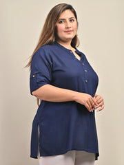 Plus Size Navy Blue Cotton Blend Solid Short Kurta-562