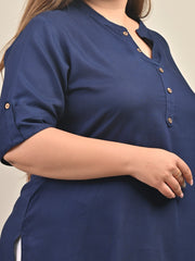 Plus Size Navy Blue Cotton Blend Solid Short Kurta-562