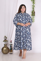 Plus Size Navy Blue  Floral Print Flared Long Kurta-400002