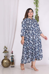 Plus Size Navy Blue  Floral Print Flared Long Kurta-400002