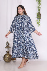 Plus Size Navy Blue  Floral Print Flared Long Kurta-400002
