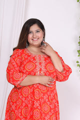 Plus Size Orange bandhani Print Flared Long Kurta-400003