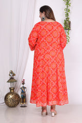 Plus Size Orange bandhani Print Flared Long Kurta-400003
