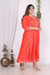Plus Size Orange bandhani Print Flared Long Kurta-400003