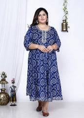 Plus Size Blue Bandhani Print Flared Long Kurta-400005