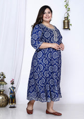 Plus Size Blue Bandhani Print Flared Long Kurta-400005