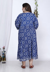 Plus Size Blue Bandhani Print Flared Long Kurta-400005