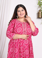 Plus Size Pink Bandhani Print Flared Long Dress -400006