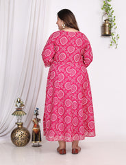 Plus Size Pink Bandhani Print Flared Long Dress -400006