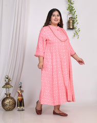 Plus Size Pink Floral Print A line Long Dress-400007