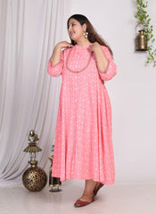 Plus Size Pink Floral Print A line Long Dress-400007