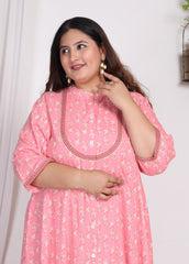 Plus Size Pink Floral Print A line Long Dress-400007