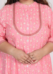 Plus Size Pink Floral Print A line Long Dress-400007