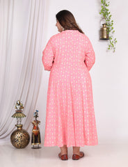 Plus Size Pink Floral Print A line Long Dress-400007