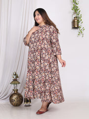 Plus Size Rust Cotton Blend Floral Print A-line Gown-400008