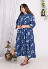 Plus Size Blue Cotton Blend Floral Print A-line Gown-400009