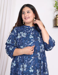 Plus Size Blue Cotton Blend Floral Print A-line Gown-400009