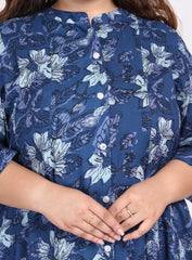 Plus Size Blue Cotton Blend Floral Print A-line Gown-400009