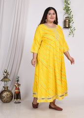 Plus Size Yellow Cotton Blend Lahariya Print Embroidered -400010