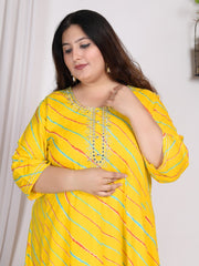 Plus Size Yellow Cotton Blend Lahariya Print Embroidered -400010