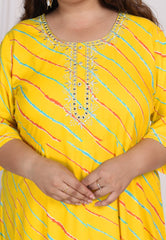 Plus Size Yellow Cotton Blend Lahariya Print Embroidered -400010
