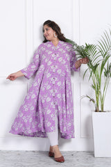 Plus Size Purple Floral Print Flared Long Kurta-400011
