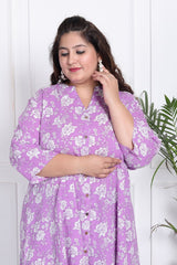 Plus Size Purple Floral Print Flared Long Kurta-400011