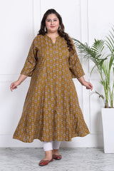 Plus Size Mustard Floral Print Flared Long Kurta-400012