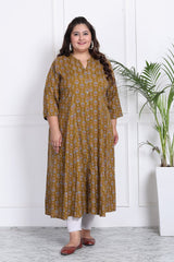 Plus Size Mustard Floral Print Flared Long Kurta-400012