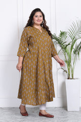 Plus Size Mustard Floral Print Flared Long Kurta-400012