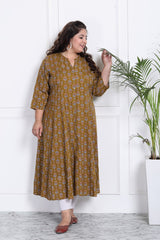 Plus Size Mustard Floral Print Flared Long Kurta-400012