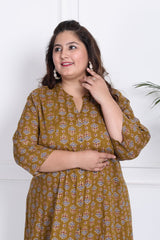 Plus Size Mustard Floral Print Flared Long Kurta-400012