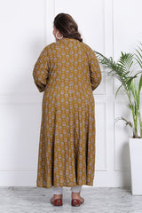 Plus Size Mustard Floral Print Flared Long Kurta-400012