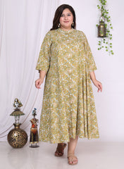 Plus Size Green Floral Print Flared Long Kurta-400013