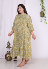 Plus Size Green Floral Print Flared Long Kurta-400013