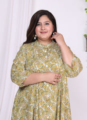 Plus Size Green Floral Print Flared Long Kurta-400013